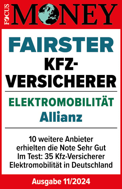 Dieses Testsiegel von Focus Money zeichnet unter 35 Kfz-Versicherern für Elektromobilität in Deutschland die Allianz als fairsten Kfz-Versicherer in diesem Bereich aus. Das Siegel ist Teil der Ausgabe 11/2024.