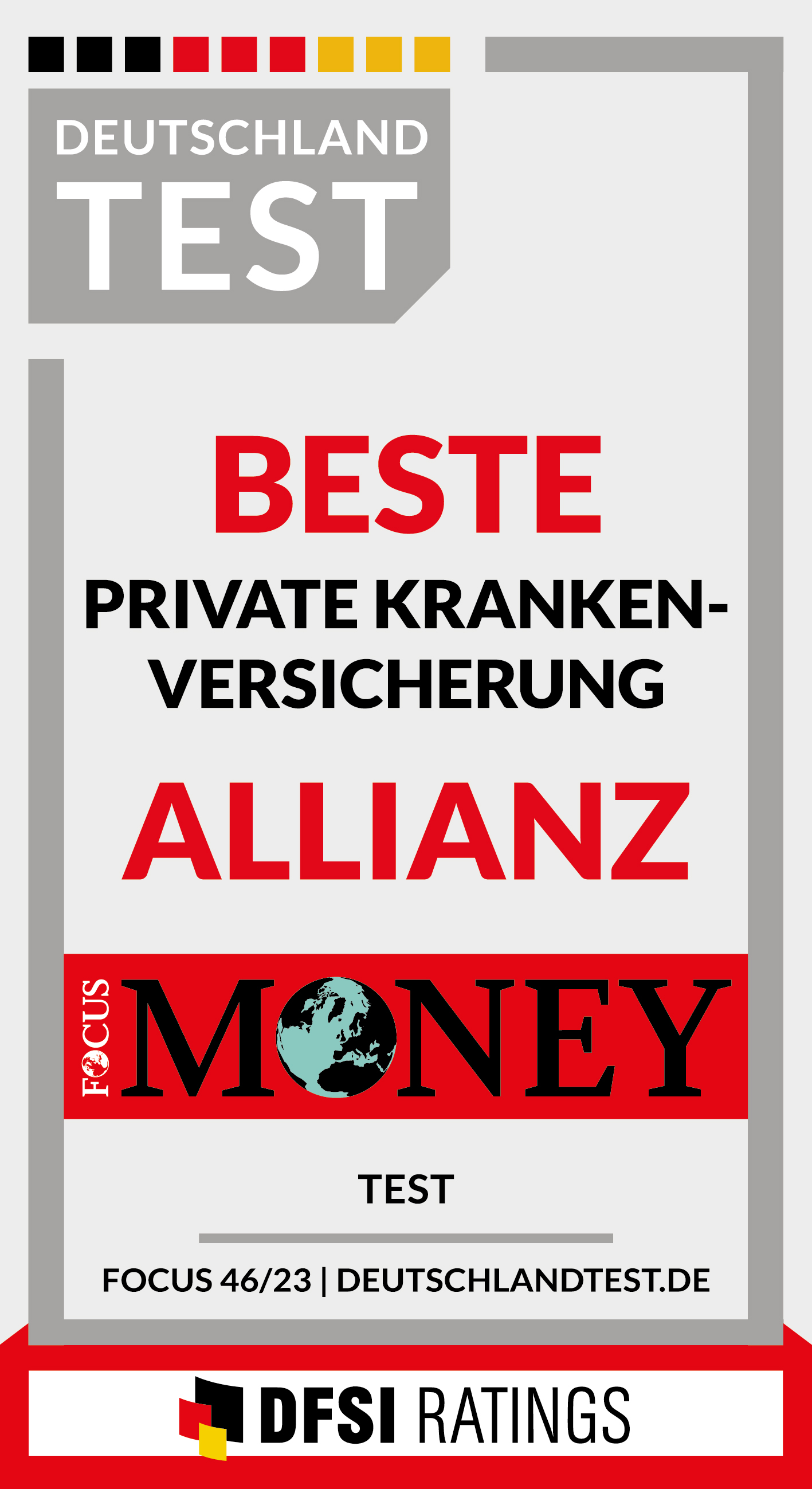 Focus Money und DFSI Ratings zeichnen Allianz als beste private Krankenversicherung aus. Ausgabe 46/23.