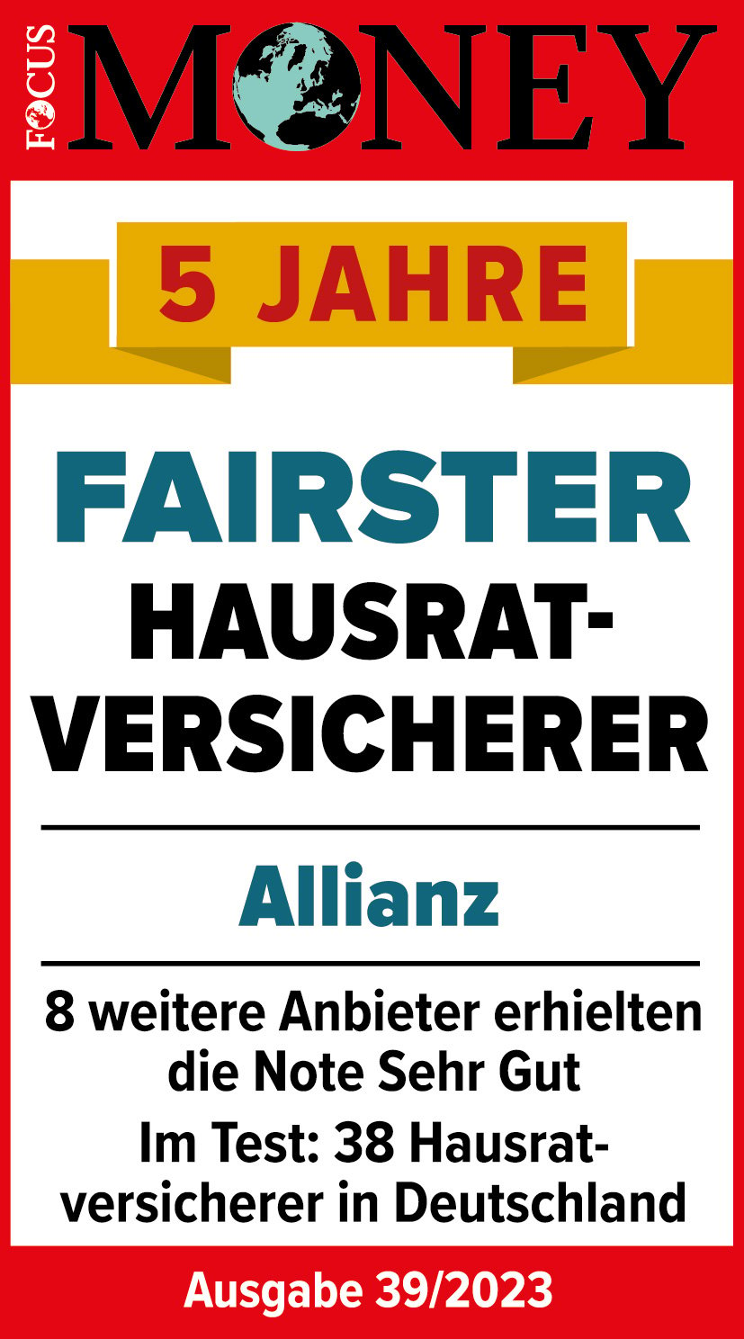 Allianz ist fünf Jahre fairster Hausratversicherer laut Testsiegel von Focus Money in der Ausgabe 39/2023. Im Test waren 38 Hausratversicherer in Deutschland, acht weitere Anbieter erhielten die Note Sehr Gut. 