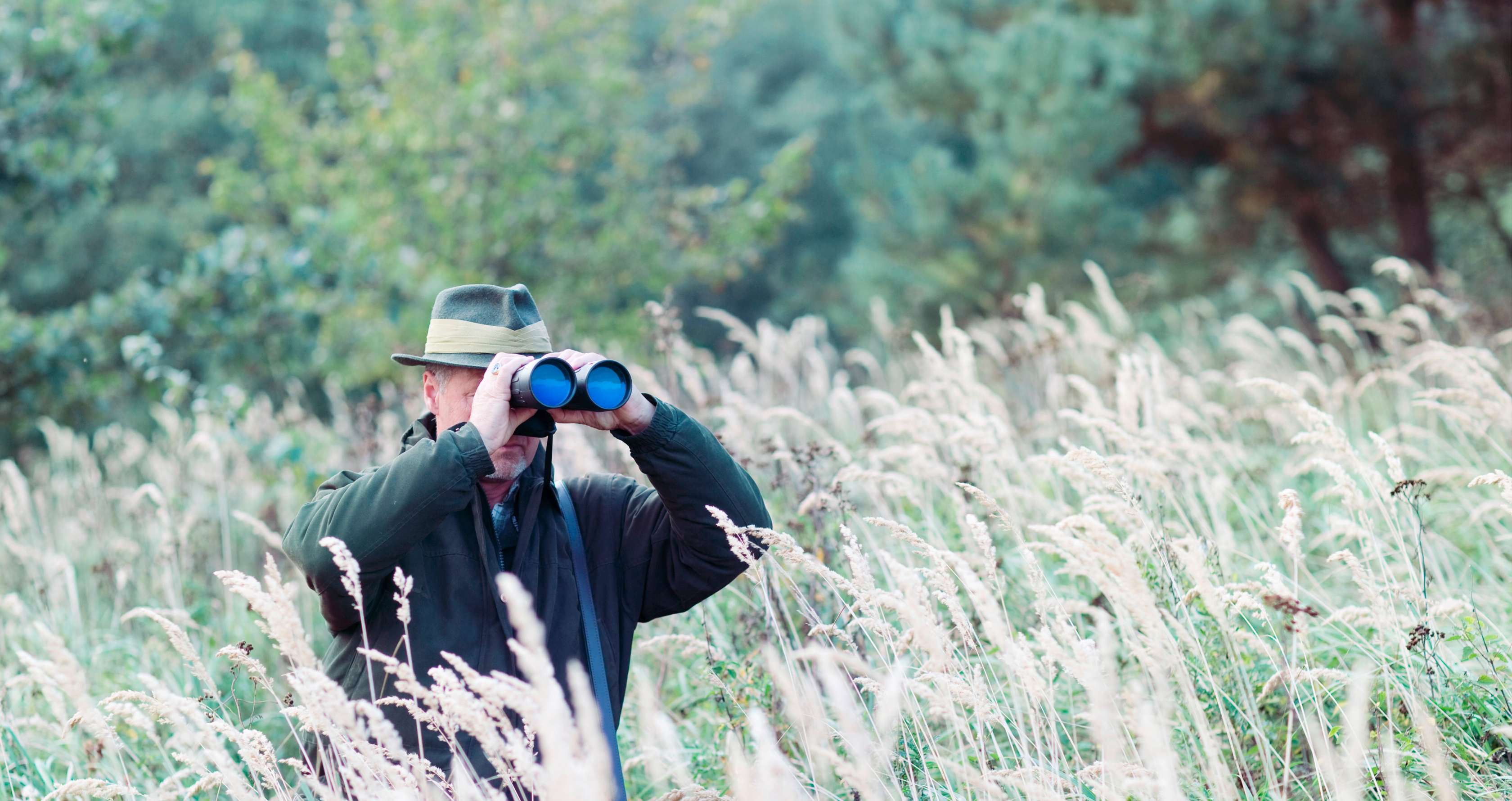 Jagdhaftpflicht: Mann steht mit einem Ferngals in einer Wiese im Waldgebiet