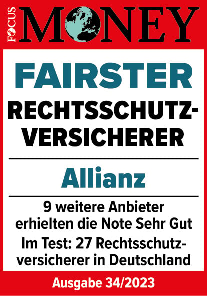 Testsiegel: Allianz wird von Focus Money als Fairster Rechtsschutz-Versicherer in der Ausgabe 34/2023 ausgezeichnet. Im Test waren 27 Rechtsschutzversicherer in Deutschland, neun weitere Anbieter erhielten die Note "Sehr Gut".